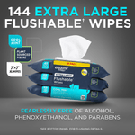 Promotional graphic showing three Equate extra large flushable wipes packs with copy highlighting 144 extra large wipes.