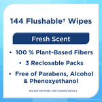 Informational panel reading "144 Flushable Wipes" with "Fresh Scent" and bullet points about plant-based fibers and reclosable packs.