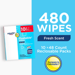 Blue promotional panel showing Equate Flushable Wipes box, '480 wipes' headline and 'compare to Cottonelle' badge