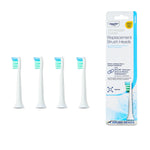 Four white Equate Advanced Clean electric toothbrush replacement heads with green-blue bristles arranged in a row on white background