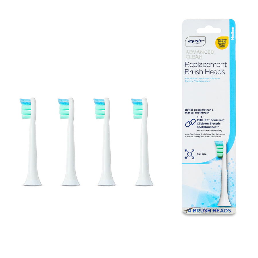 Four white Equate Advanced Clean electric toothbrush replacement heads with green-blue bristles arranged in a row on white background