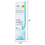 Packaged Equate Advanced Clean replacement brush heads shown with printed package dimensions and product branding on white background