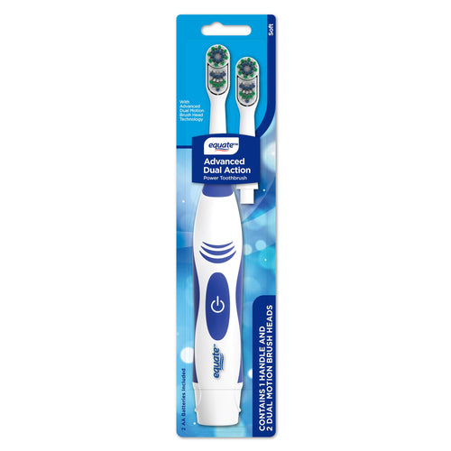 Equate branded white and blue battery-powered electric toothbrush in blister card packaging with two replacement heads visible.