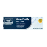 Rectangular box of Equate Advanced Gum Purify Deep Clean toothpaste with navy and white packaging and net wt 4.1 oz printed