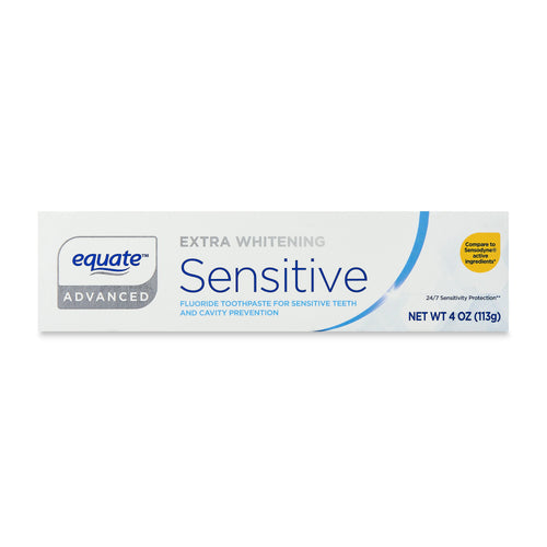 Equate Advanced Extra Whitening Sensitive toothpaste rectangular product box showing brand logo and 'Sensitive' text