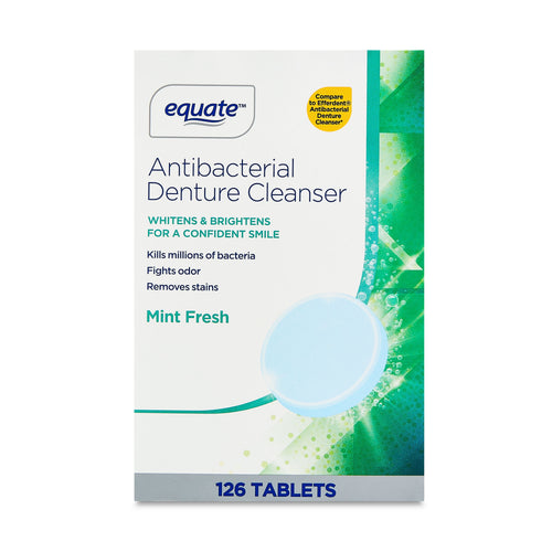 Front of Equate Antibacterial Denture Cleanser box in mint fresh design showing tablet graphic and 126 tablets label