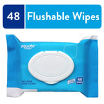 Blue Equate flushable wipes pouch with white pop-up lid and '48 Flushable Wipes' label on top banner