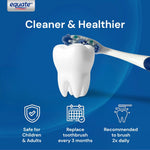 Graphic of a toothbrush cleaning a stylized tooth with icons for safety, replacement schedule, and brushing recommendations, Equate branded.