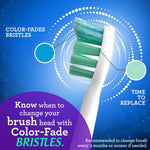 Close-up graphic of a white brush head showing green-blue color-fade bristles and callouts about when to replace the head