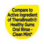 Yellow circular sticker reading 'Compare to Active Ingredient of TheraBreath® Healthy Gums Oral Rinse - Clean Mint'.
