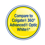 Yellow circular comparison badge with blue text reading 'Compare to Colgate® 360° Advanced® Optic White®' and a blue border.