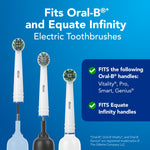Graphic showing three Equate EasyFlex brush heads aligned above different handle tips with compatibility text on blue background.