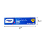 Blue Equate denture adhesive cream box with dimensions marked 6.5" by 1.25" on white background