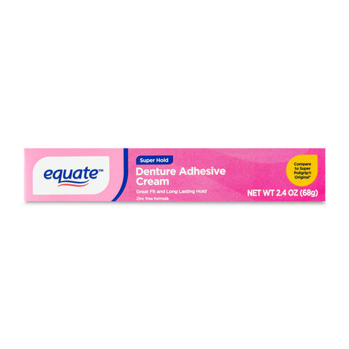 Pink Equate Super Hold Denture Adhesive Cream retail box showing brand, product name and net weight on white background