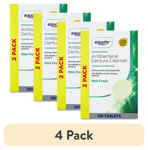 Four overlapping Equate antibacterial denture cleanser 2-pack boxes with mint green tablet graphics and 4 Pack label
