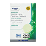 Front-facing Equate denture cleanser box showing product name, mint tablet graphic and '120 tablets' labeling