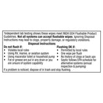 Black-and-white disposal instructions panel explaining when to flush and when not to flush flushable wipes.