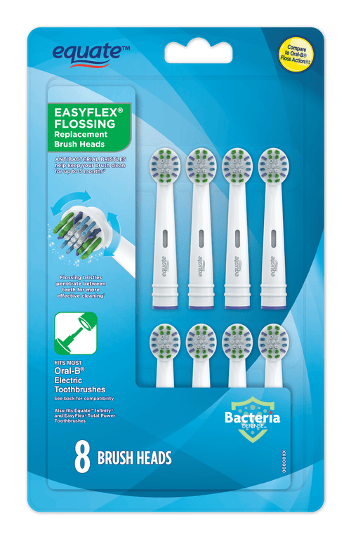 Equate EasyFlex Flossing replacement electric toothbrush brush heads in retail blister pack showing eight white heads with green and blue bristles