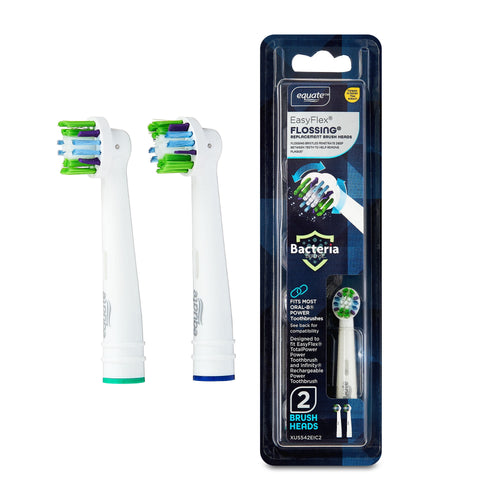Two white Equate EasyFlex replacement electric toothbrush heads alongside blister pack packaging showing branding and one visible brush head.