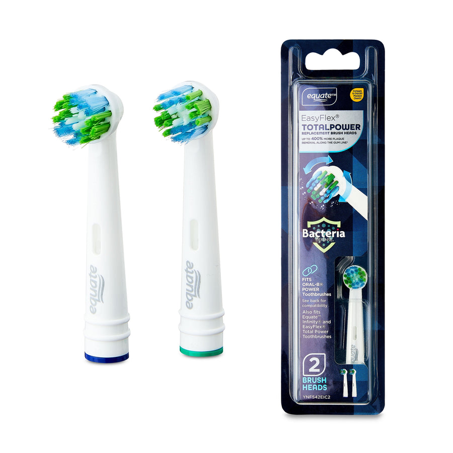 Two Equate EasyFlex replacement toothbrush heads shown next to their retail blister pack with branding and product image.