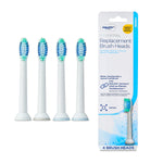 Four Equate electric toothbrush replacement heads shown next to branded retail packaging on white background