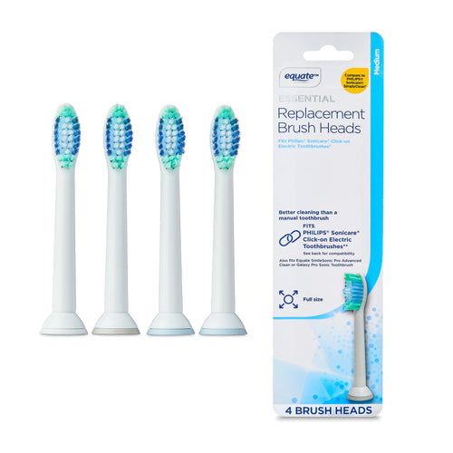 Four Equate electric toothbrush replacement heads shown next to branded retail packaging on white background