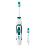 Equate battery-powered electric toothbrush with one replacement brush head detached, shown on white background.