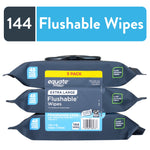 Stacked three-pack of Equate extra large flushable wipes in navy packaging with large '144 Flushable Wipes' banner above