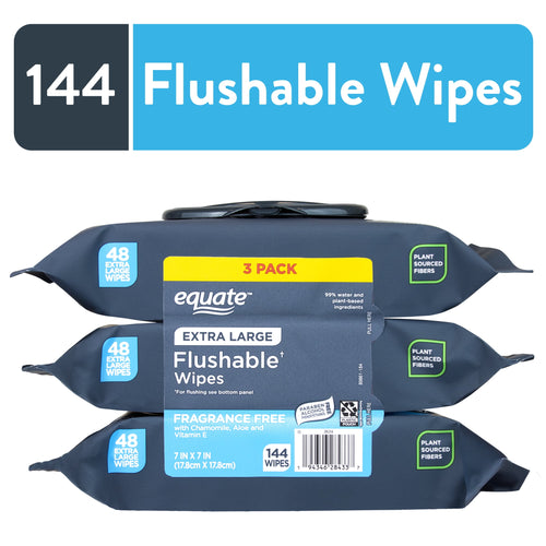 Stacked three-pack of Equate extra large flushable wipes in navy packaging with large '144 Flushable Wipes' banner above
