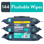 Stacked three Equate extra large flushable wipes packs with cool mint label and 144 count banner.