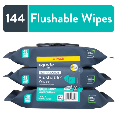Stacked three Equate extra large flushable wipes packs with cool mint label and 144 count banner.