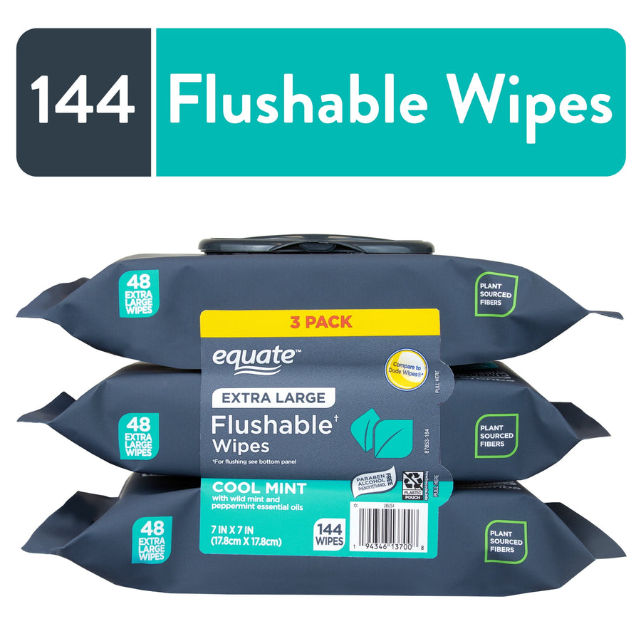 Stacked three Equate extra large flushable wipes packs with cool mint label and 144 count banner.