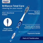 Infographic of Equate Brilliance Total Care toothbrush with arrows pointing to multi-directional bristles, tongue and cheek cleaner, and ergonomic handle.