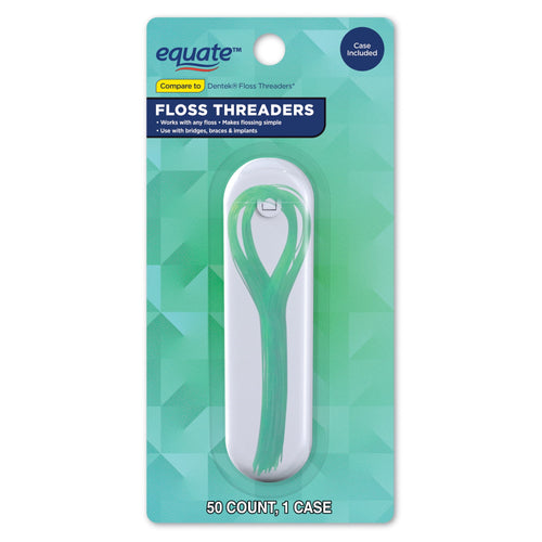 Front blister pack of Equate floss threaders in a white plastic case on green geometric card backing, 50 count text visible.