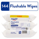 Stacked three-pack of Equate flushable wipes fragrance free with 144 wipes label