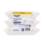 Three reclosable packs of Equate flushable fragrance free wipes stacked on white