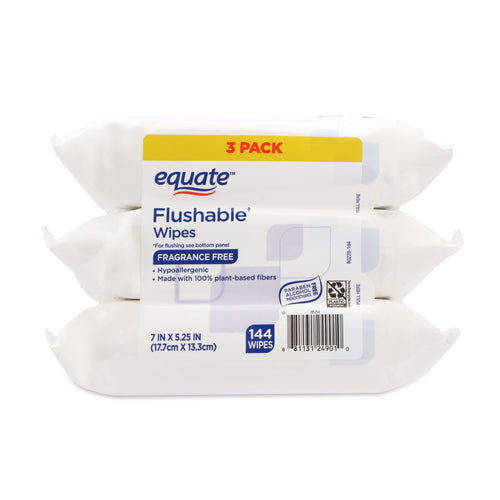 Three reclosable packs of Equate flushable fragrance free wipes stacked on white
