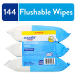 Three stacked Equate flushable wipes packs in blue packaging labeled 3 pack and 144 wipes.
