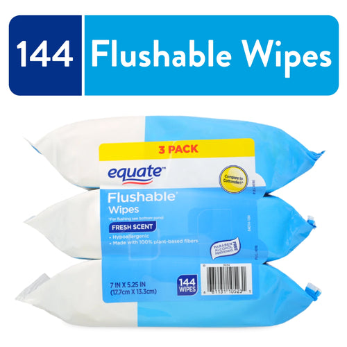 Three stacked Equate flushable wipes packs in blue packaging labeled 3 pack and 144 wipes.