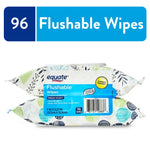 Two stacked Equate Flushable Wipes packs with blue product label and '96 Flushable Wipes' banner above on white background.