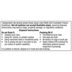 Black-and-white disposal instructions panel describing flushing guidelines and cautions for Equate flushable wipes.