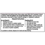 Disposal and flushing instructions panel noting INDA GD4 flushable guideline and do not flush warnings
