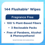 Informational graphic listing 144 flushable wipes, fragrance free and plant-sourced fibers for Equate wipes