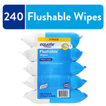 Stack of five Equate blue-and-white flushable wipes packs with 240 wipes banner above