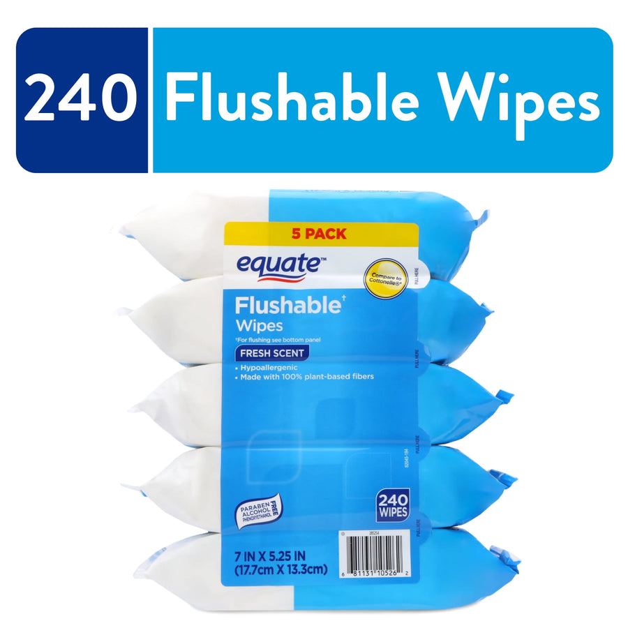 Stack of five Equate blue-and-white flushable wipes packs with 240 wipes banner above