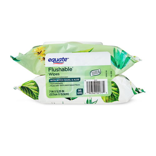 Front-facing Equate Flushable Wipes pack showing product label and barcode on white background.