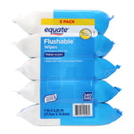 Front-facing Equate Flushable Wipes five-pack package in blue and white with product label