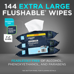 Product graphic showing three Equate extra large flushable wipes packs with a single wipe pulled up and product claims around it