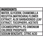 Ingredients label listing water, glycerin, chamomilla recutita flower extract, aloe and other ingredients
