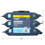 Front-facing stacked three-pack of Equate extra large flushable wipes with dimensions overlay showing 9.0 by 5.0 inches